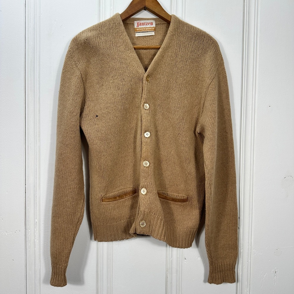 Vintage 1960s Jantzen Shetland Wool Cardigan M Camel Brown Made USA Grandpa